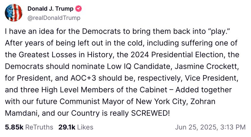 Trump attacked Top Democrats, including Jasmine Crockett and Alexandria Ocasio-Cortez, during his Truth Social rant at Zohran Mamdani.