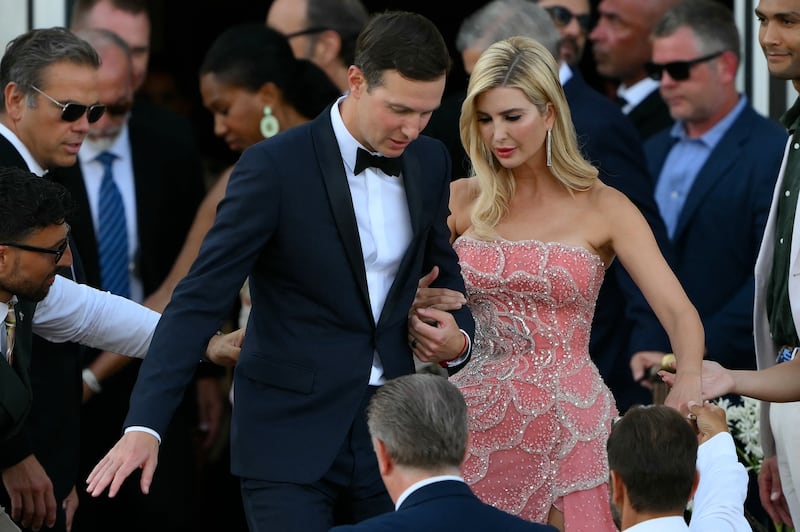 Jared Kushner and his wife, Ivanka Trump, leave the St. Regis Hotel on the wedding day of Amazon founder Jeff Bezos and former journalist Lauren Sanchez.