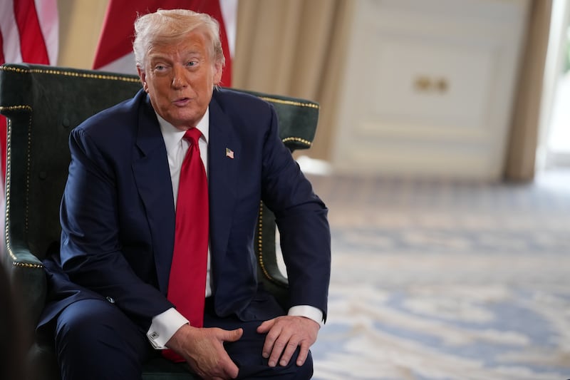 President Donald Trump speaks during a meeting with British Prime Minister Keir Starmer at his golf club on July 28, 2025 in Turnberry, Scotland.