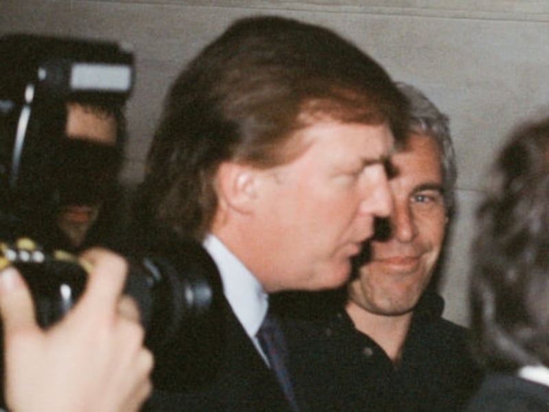 Donald Trump and Jeffrey Epstein attend a Victoria's Secret Angels event sponsored by Rogers & Cowan at the club Duvet on 21st Street in New York City, New York on April 9, 1997.