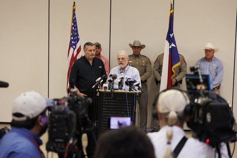 Kerrville Mayor Joe Herring, Jr. speaks at a news briefing in Texas' Hill Country near the Guadalupe River in Kerrville, Texas on July 7, 2025.