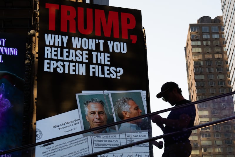 A billboard in New York City's Times Square calls for the release of the Epstein files on July 23, 2025. Attorney General Pam Bondi briefed President Donald Trump in May on the Justice Department's review of the documents related to the Jeffrey Epstein case, reportedly telling Trump that his name appeared in the files.
