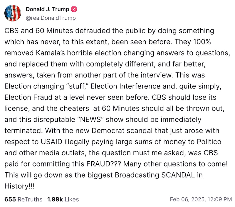 A Truth Social post by Donald Trump.