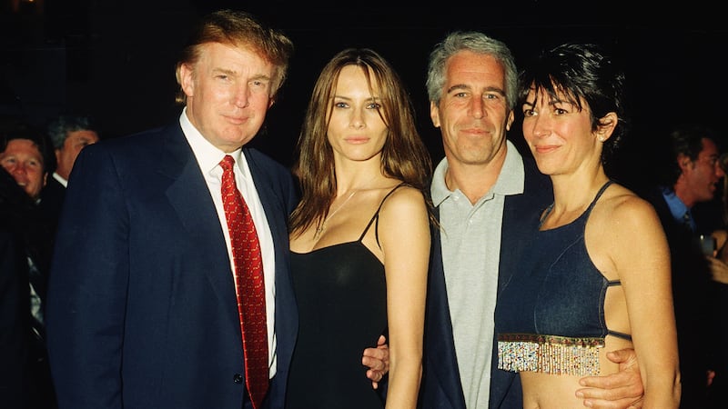 From left, American real estate developer Donald Trump and his girlfriend (and future wife), former model Melania Knauss, financier (and future convicted sex offender) Jeffrey Epstein, and British socialite Ghislaine Maxwell pose together at the Mar-a-Lago club, Palm Beach, Florida, February 12, 2000. (Photo by Davidoff Studios/Getty Images)