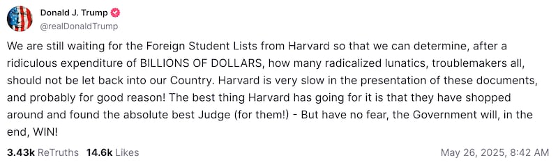 President Trump attacked Harvard in a Truth Social rant Monday.