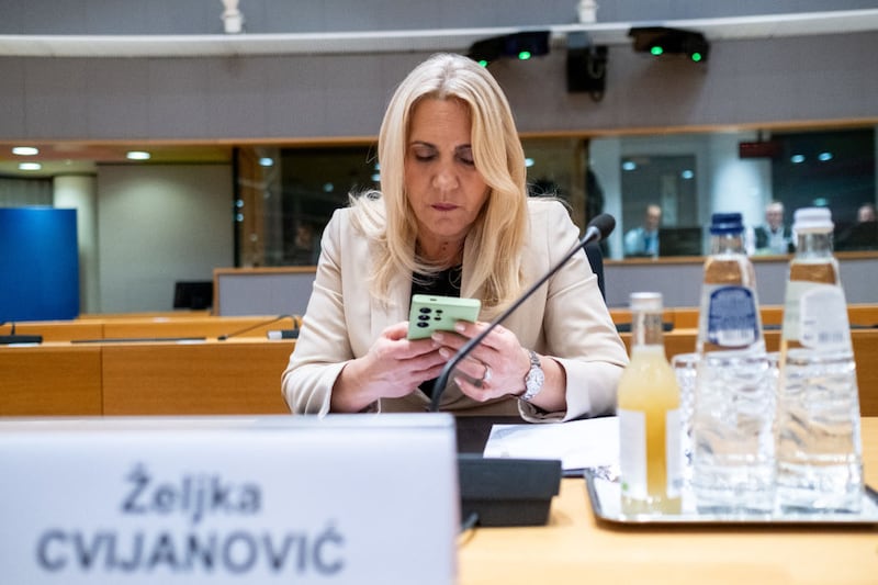 Chairman of the Presidency of Bosnia and Herzegovina Zeljka Cvijanovic during the roundtable of the summit of the Heads of State and Government of the countries of the European Union and Western Balkans in Brussels in Belgium on 18 december 2024. (Photo by Martin Bertrand / Hans Lucas / Hans Lucas via AFP) (Photo by MARTIN BERTRAND/Hans Lucas/AFP via Getty Images)