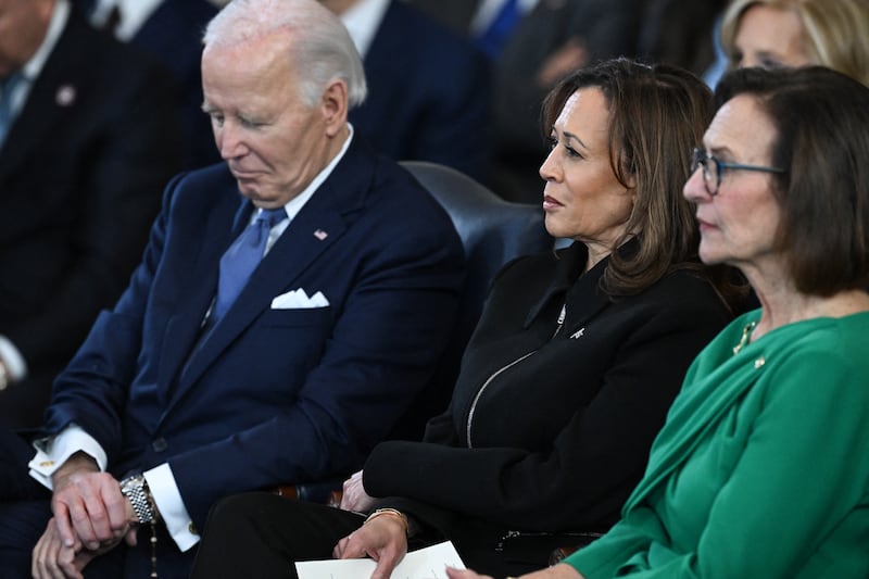Former US President Joe Biden and former Vice President Kamala Harris listen as President Donald Trump speaks after he was sworn in as the 47th President in the US Capitol Rotunda in Washington, DC, on January 20, 2025.
