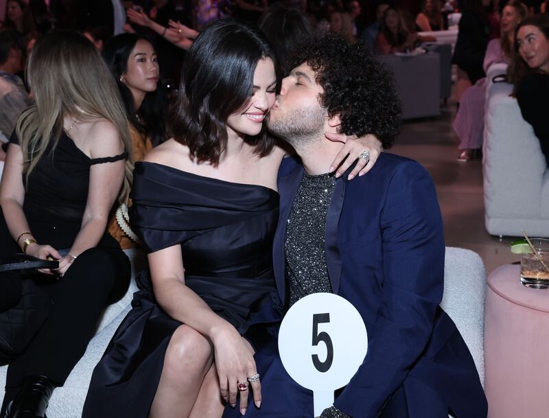 LOS ANGELES, CALIFORNIA - OCTOBER 24: (L-R) Selena Gomez and Benny Blanco attend the Second Annual Rare Impact Fund Benefit Supporting Youth Mental Health, hosted by Selena Gomez, at Nya Studios on October 24, 2024 in Los Angeles, California.