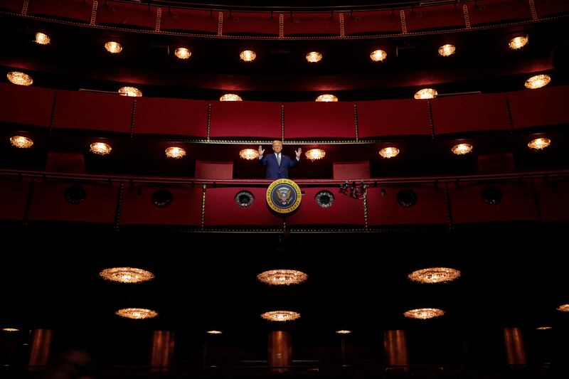U.S. President Donald Trump looks down from the Presidential Box in the Opera House at the John F. Kennedy Center for the Performing Arts as he participates in a guided tour and leads a board meeting on March 17, 2025 in Washington, DC.