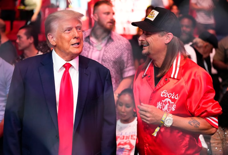 MIAMI, FLORIDA - APRIL 08: (L-R) Former U.S. President Donald Trump and musician Kid Rock are seen in attendance during the UFC 287 event at Kaseya Center on April 08, 2023 in Miami, Florida.