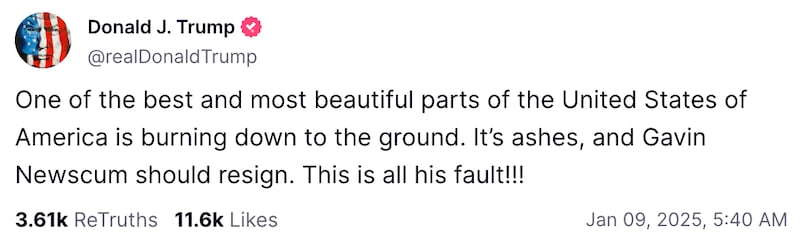 President-elect Donald Trump attacks California Gov. Gavin Newsom in a post on Truth Social.