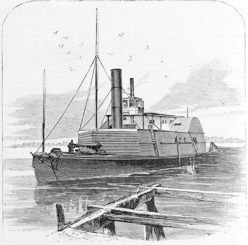 An illustration depicting the Confederate gunboat 'Planter,' which was run out of Charleston harbor by Robert Smalls, in a successful attempt to free himself and his family from slavery, 1862.