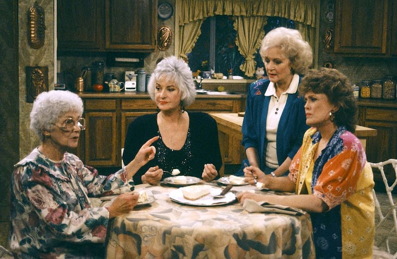 No C-bombs on camera - Estelle Getty as Sophia Petrillo; Bea Arthur as Dorothy Petrillo Zbornak; Betty White as Rose Nylund; Rue McClanahan as Blanche Devereaux on the Golden Girls set.