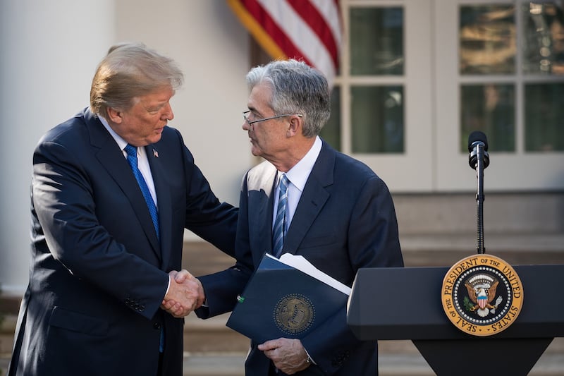 President Donald Trump shakes hands with his then-nominee for the chairman of the Federal Reserve Jerome Powell during a press event at the White House on November 2, 2017.