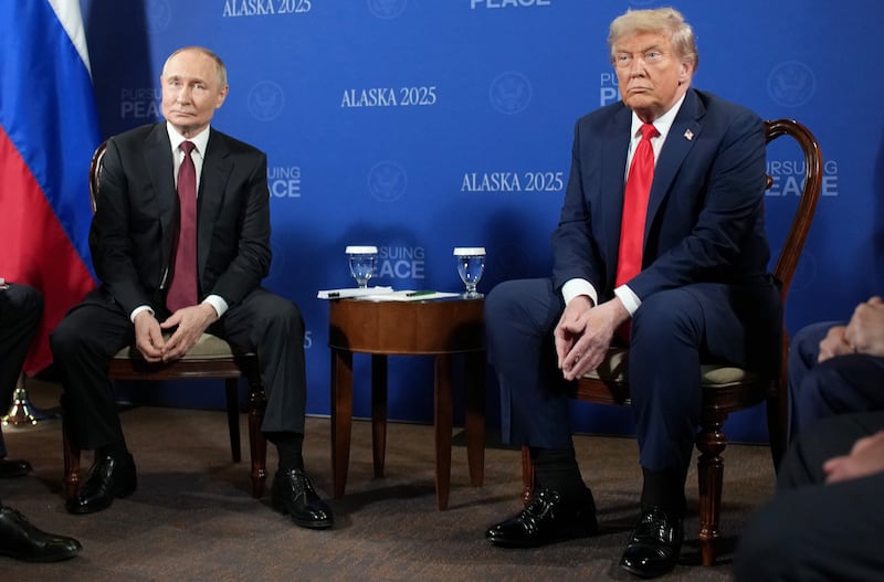 ANCHORAGE, ALASKA - AUGUST 15: U.S. President Donald Trump (R) and Russian President Vladimir Putin (L) hold a meeting at Joint Base Elmendorf-Richardson on August 15, 2025 in Anchorage, Alaska. The two leaders are meeting for peace talks aimed at ending the war in Ukraine. Russian Minister of Foreign Affairs Sergey Lavrov (L) and U.S. Secretary of State Marco Rubio also joined the meeting.