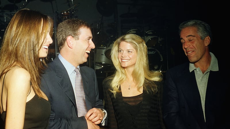 Melania Trump, Prince Andrew, Gwendolyn Beck and Jeffrey Epstein at a party at the Mar-a-Lago club, Palm Beach, Florida, February 12, 2000.