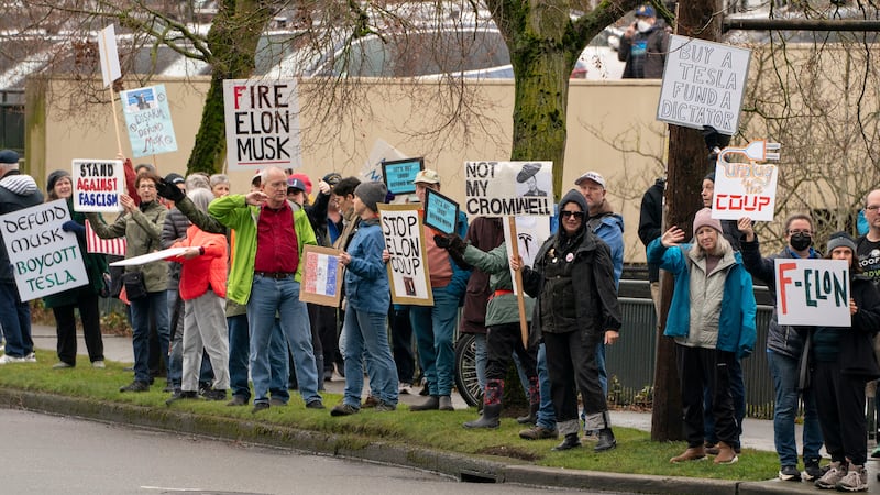 SEATTLE, WASHINGTON - FEBRUARY 22: Demonstrators gather for a protest against Elon Musk and electric car maker Tesla on February 22, 2025 in Seattle, Washington. Hundreds rallied at various entrances to the University Village shopping mall, in addition to the Tesla showroom's storefront at the mall. (Photo by David Ryder/Getty Images)