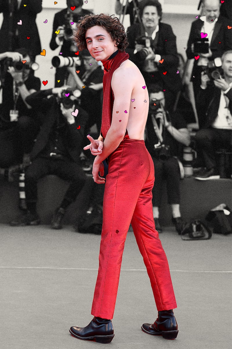 Image: Timothee Chalamet in a red backless outfit