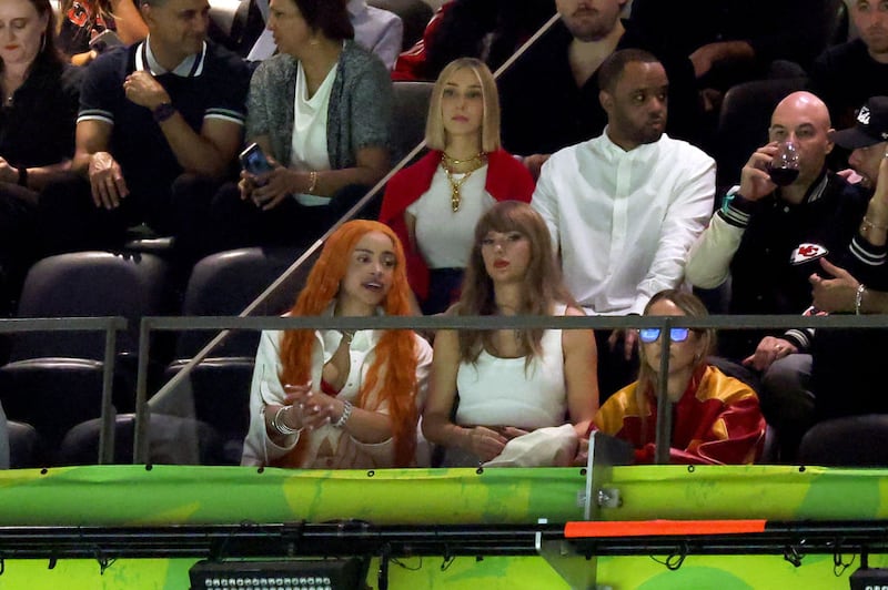 (L-R) Ice Spice, Ashley Avignone, and Taylor Swift attend Super Bowl LIX at Caesars Superdome on February 09, 2025 in New Orleans, Louisiana.