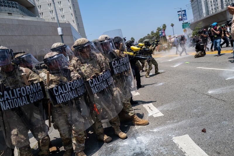Demonstrators protest outside a downtown jail in Los Angeles following two days of clashes with police during a series of immigration raids on June 08, 2025 in Los Angeles, California.