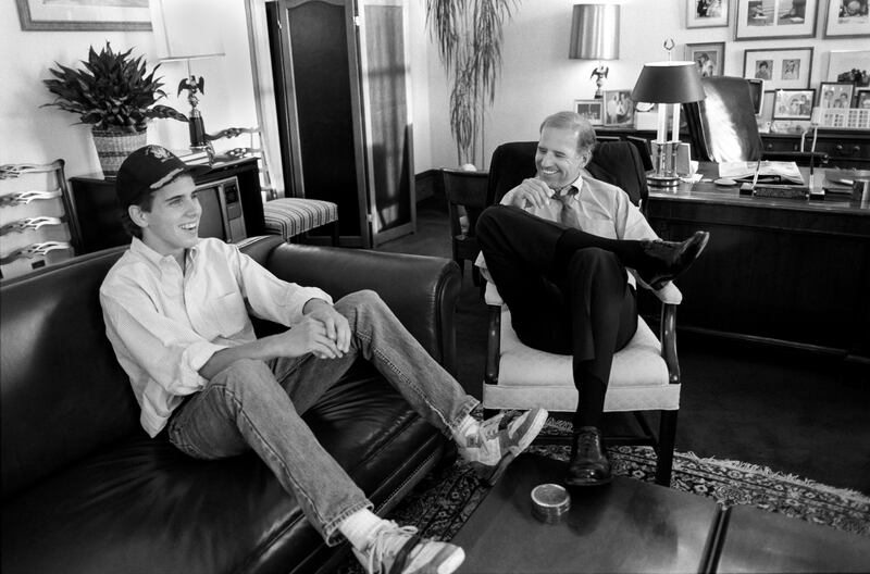 Senator Joe Biden shares a moment with his son, Hunter Biden in his office on Capitol Hill in Washington D.C in August, 1987.