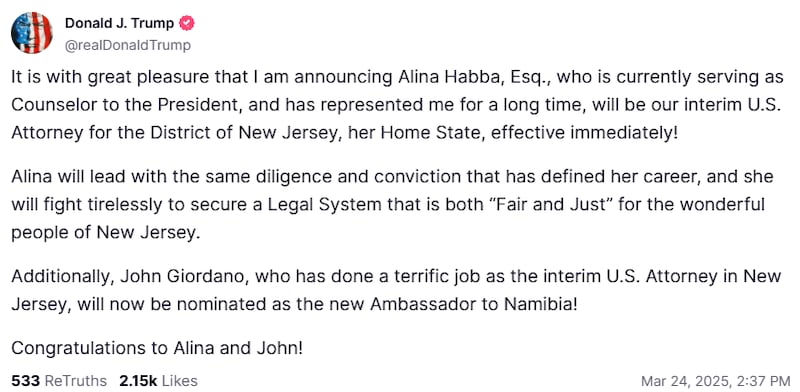 Trump Appoints His Personal Lawyer Alina Habba As DA For New Jersey