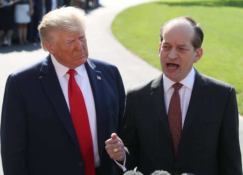 Trump's first labor secretary, Alex Acosta, negotiated the 2008 plea deal with Jeffrey Epstein. Acosta resigned in 2019.