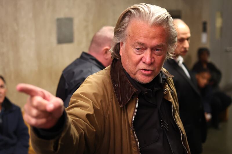 NEW YORK, NEW YORK - NOVEMBER 12: Steve Bannon, former advisor to President-elect Donald Trump, arrives for a court hearing at Manhattan Criminal Court on November 12, 2024 in New York City. Bannon attended a hearing ahead of his December trial for allegedly defrauding supporters in "We Build the Wall," an online fundraising effort to raise money in Trump's attempt to build a wall on the U.S.-Mexico border. He has pleaded not guilty to the charges. (Photo by Michael M. Santiago/Getty Images)