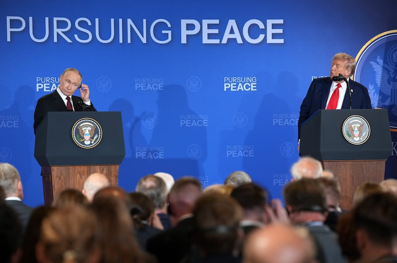 President Donald Trump (R) and Russian President Vladimir Putin hold a press conference at Joint Base Elmendorf-Richardson on August 15, 2025 in Anchorage, Alaska.