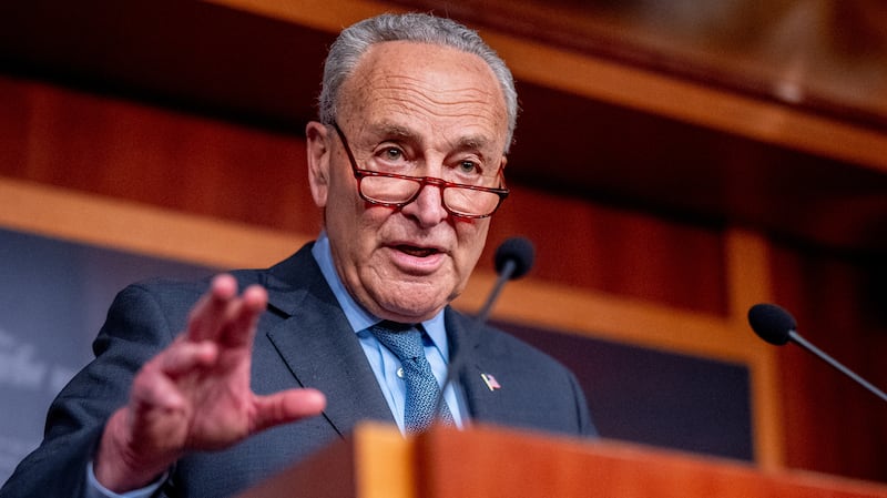 Senate Majority Leader Chuck Schumer (D-NY) speaks to members of the media on Capitol Hill on April 17, 2024 in Washington, DC.