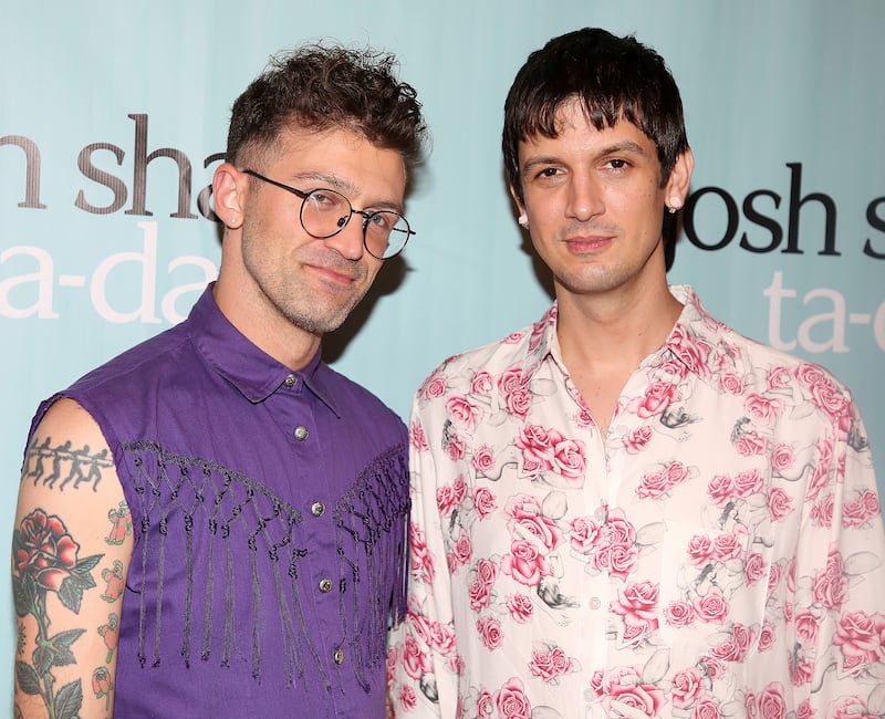 Director Sam Pinkleton and Josh Sharp pose at the opening night of the new show "Josh Sharp's Ta-Da!" at The Greenwich House Theater on July 21, 2025 in New York City.