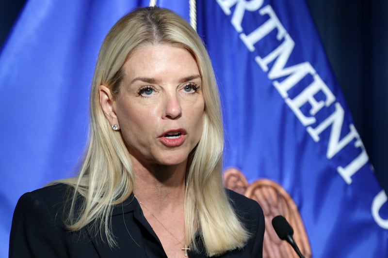Attorney General Pam Bondi speaks during a news conference at the DEA headquarters on July 15, 2025 in Arlington, Virginia.