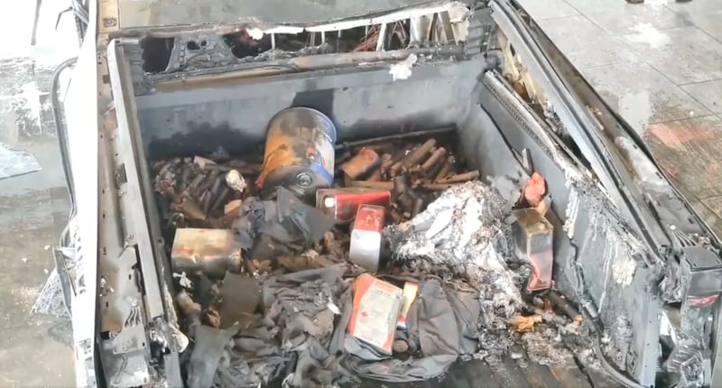 Police in Las Vegas release photos of burnt gas cans, fireworks and camping fuel in the trunk of a Tesla Cybertruck that exploded outside of the Trump International Hotel in Las Vegas.