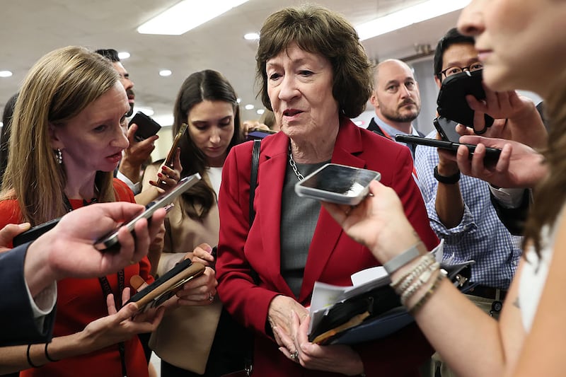 WASHINGTON, DC - JULY 15: Sen. Susan Collins (R-ME) speaks with reporters at the U.S. Capitol on July 15, 2025 in Washington, DC. Republican senators are considering a rescissions package that is backed by U.S. President Donald Trump that would take back $9.4 billion of congressionally approved funds. Senate is expected to vote on the rescissions package next week ahead of a July 18 deadline, with Trump threatening to withhold endorsements from Republican senators who don’t support the rescissions package. (Photo by Michael M. Santiago/Getty Images)