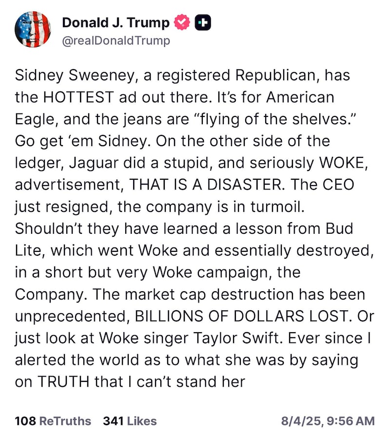 Trump's Truth Social message.