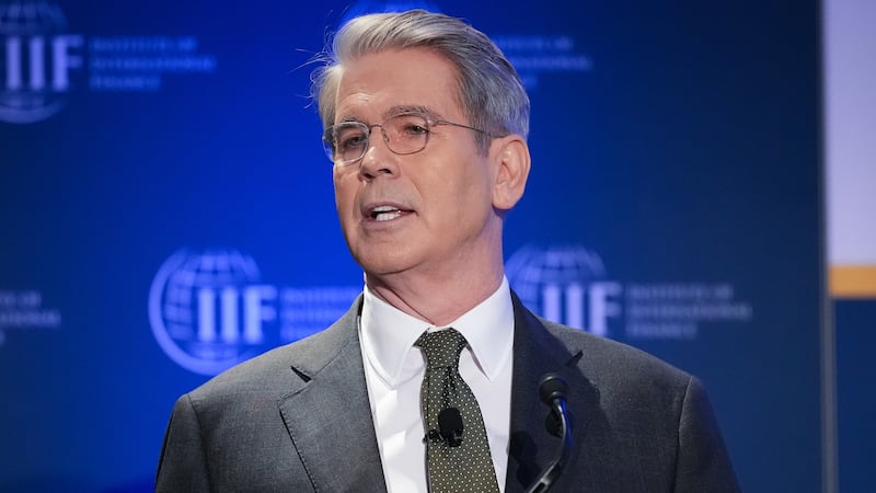 Treasury Secretary Scott Bessent delivers remarks during the International Finance Institute Global Outlook Forum at the Willard InterContinental Washington. He said that America first "does not mean America alone."