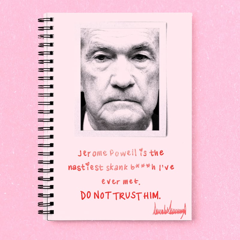 Jerome Powell's picture in a notebook with text reading "Jerome Powell is the nastiest skank b***h I've ever met. DO NOT TRUST HIM." on a pink background