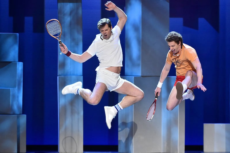 A picture of Andrew Rannells and Christian Borle in “Falsettos”