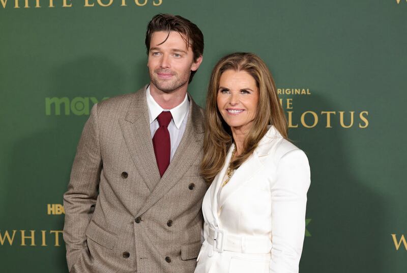 Patrick Schwarzenegger and Maria Shriver arrive at the Los Angeles Premiere of "The White Lotus" Season 3.