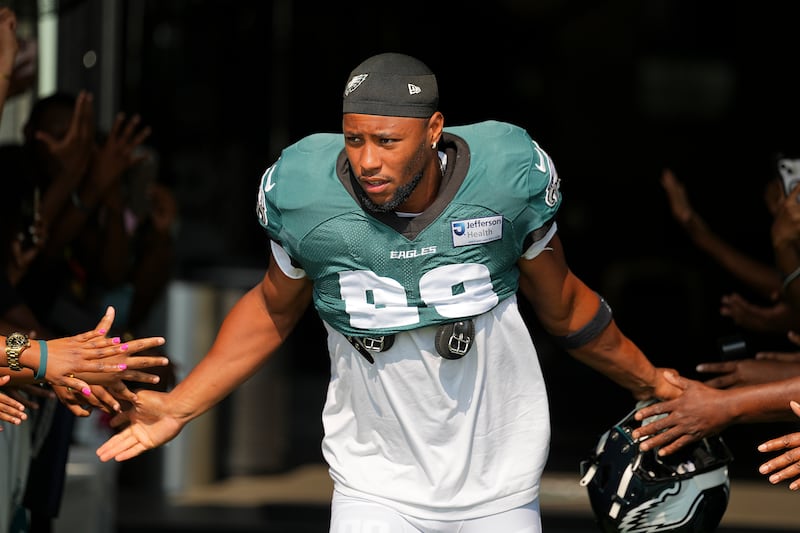 Saquon Barkley is a running back for the Philadelphia Eagles, and broke the record for most rushing yards in one season, leading up to the team's Super Bowl win in 2025.