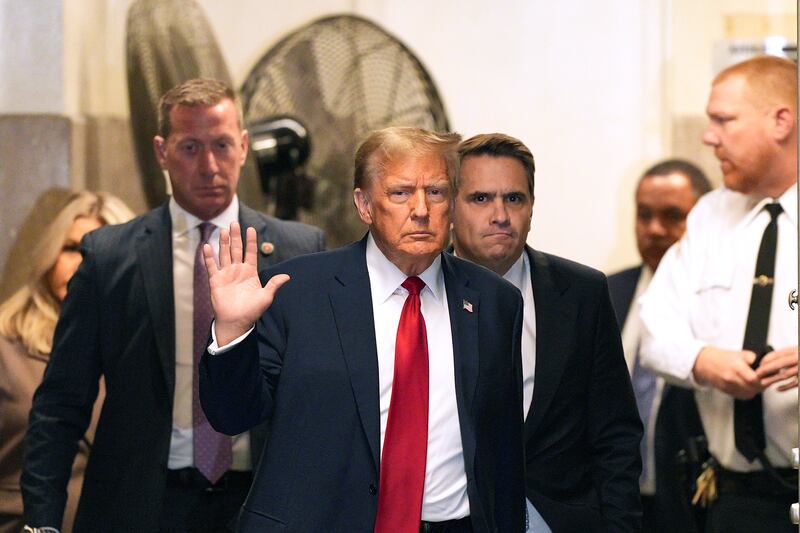 Former U.S. President Donald Trump appears outside the courtroom during his trial for allegedly covering up hush money payments at Manhattan Criminal Court on April 23, 2024 in New York City.