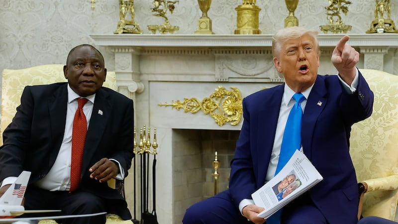 South Africa President Cyril Ramaphosa, U.S. President Donald Trump and Defense Secretary Pete Hegseth and Commerce Secretary Howard Lutnik