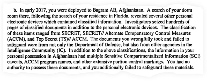 A snippet from a letter of reprimand given to Lt. Col. Robert Birchum in 2018/