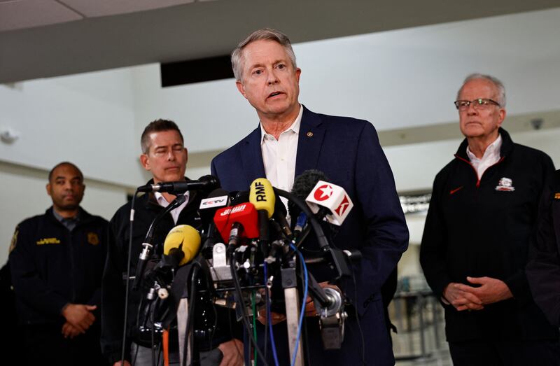 US Senator (R-KS) Roger Marshall speaks at a media briefing at Reagan National Airport after a plane crashed into the Potomac River outside Washington, DC, January 30, 2025.
