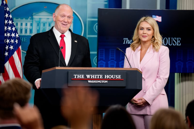White House border czar Tom Homan, accompanied by White House press secretary Karoline Leavitt, speaks during the daily press briefing in the Brady Press Briefing Room at the White House on April 28, 2025.