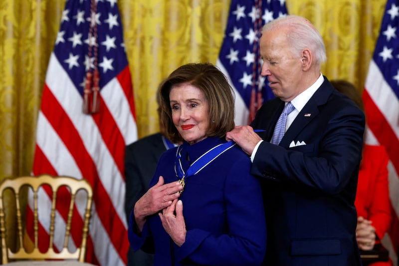 Joe Biden presents the Presidential Medal of Freedom to Nancy Pelosi