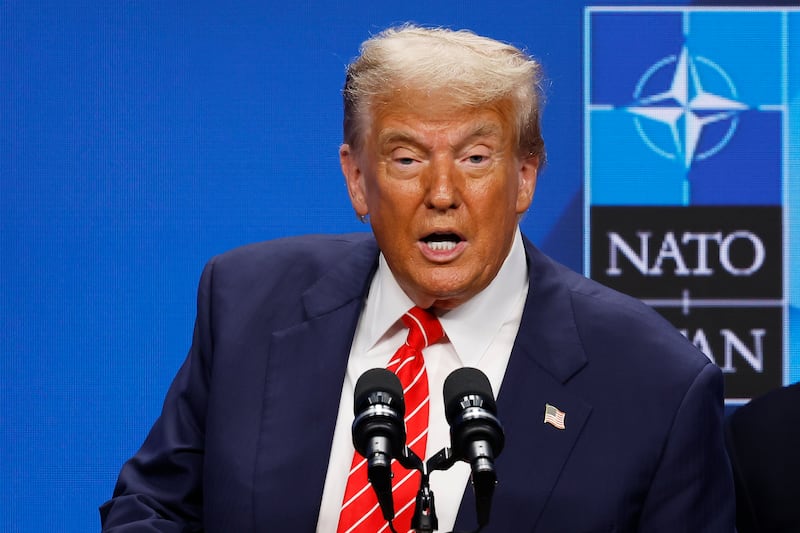 President Donald Trump speaks during a news conference following the 2025 NATO Summit on June 25, 2025 in The Hague, Netherlands where he blasted the leak of an initial U.S. intelligence report that undermined his claims about damage in the strikes on Iran.