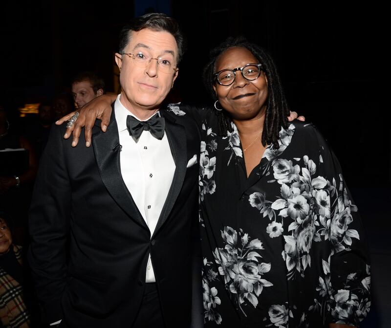 WASHINGTON, DC - DECEMBER 07: Stephen Colbert and Whoopi Goldberg attend the 37th Annual Kennedy Center Honors at The John F. Kennedy Center for Performing Arts on December 7, 2014 in Washington, DC. (Photo by Kevin Mazur/WireImage)