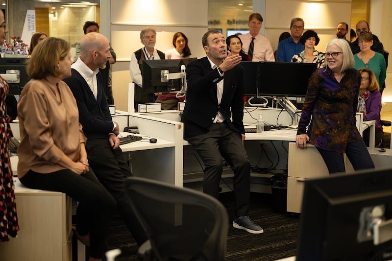 WASHINGTON, DC -NOVEMBER 06: William Lewis, the new CEO and Publisher of the Washington Post Company speaks to the staff and employees at the headquarters in Washington, DC on November 06, 2023. (Photo by Marvin Joseph/The Washington Post via Getty Images)
