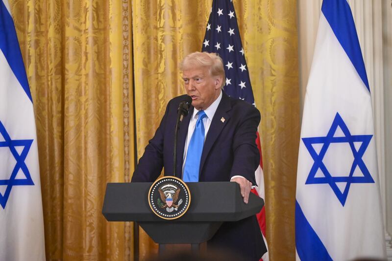 United States President Donald Trump and Israeli Prime Minister Benjamin Netanyahu (not seen) hold a joint press conference in the East Room at the White House in Washington, D.C., United States on February 04, 2025.